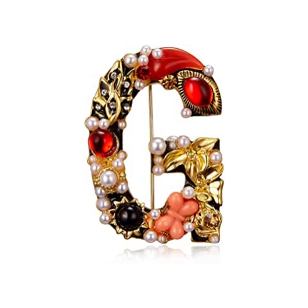 Handmade Gold Plated Crystal and Pearl Initial 'G'  Letter Alphabet Brooch Pin